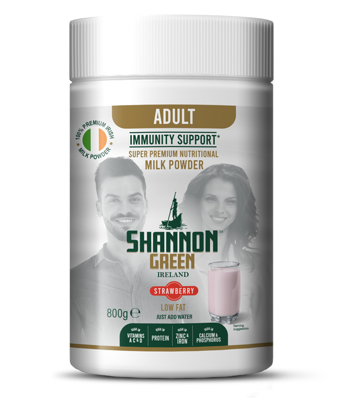 a tub of Shannon Greens Adult immunity support  milk powder - Strawberry flavour
