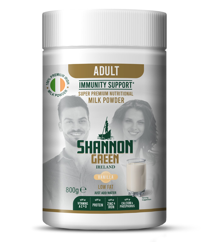a tub of Shannon Greens Adult immunity support  milk powder -  Vanilla flavour